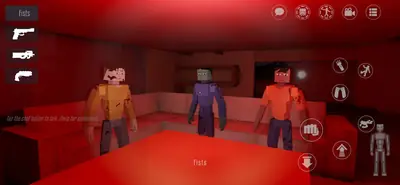 Three NPC characters standing in a red-lit room in GoreBox 27, weapon selection on the left and the skeleton body status icon on the right