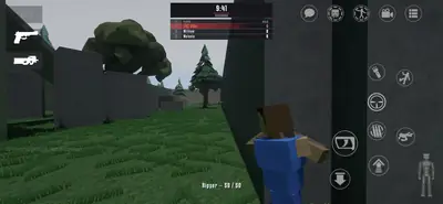 A Deathmatch round in GoreBox 27 with the scoreboard showing players GDev, William and Melanie, a character taking cover by a wall with the Ripper weapon