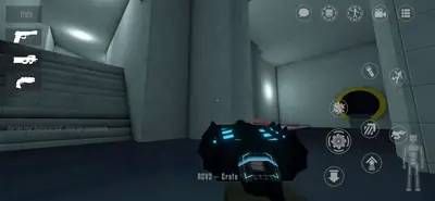 Holding the Reality Crusher tool indoors in GoreBox 27, a crate loaded, in a teal-lit tiled hall with stairs