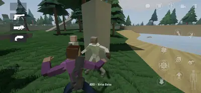 Third-person view in GoreBox 27 by a lake, the player character facing two NPCs near a concrete pillar with the Virtue Divine on their back
